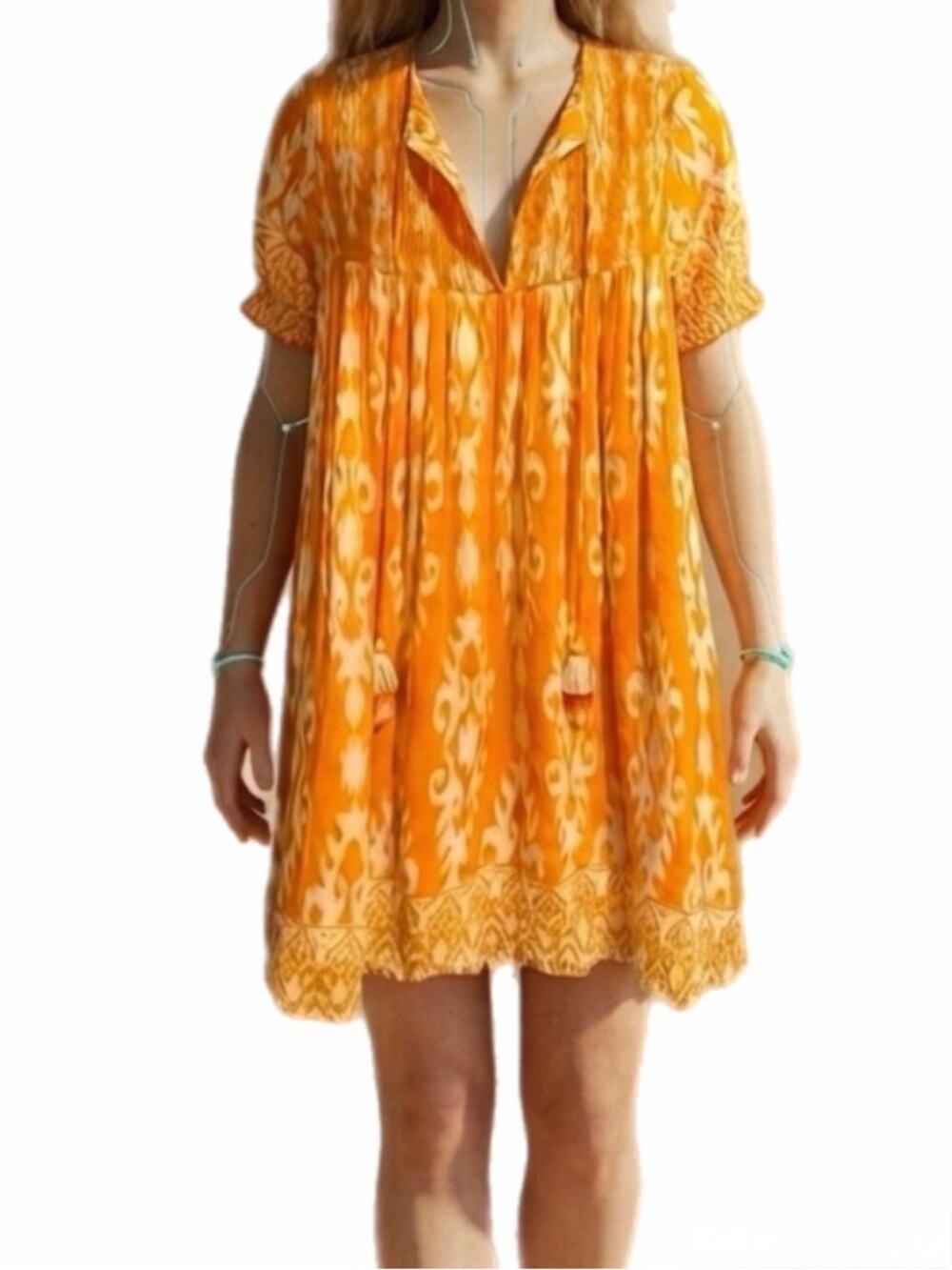 Sal Rosa Orange & White Ikat Print Peasant Mini Dress Size M Like New